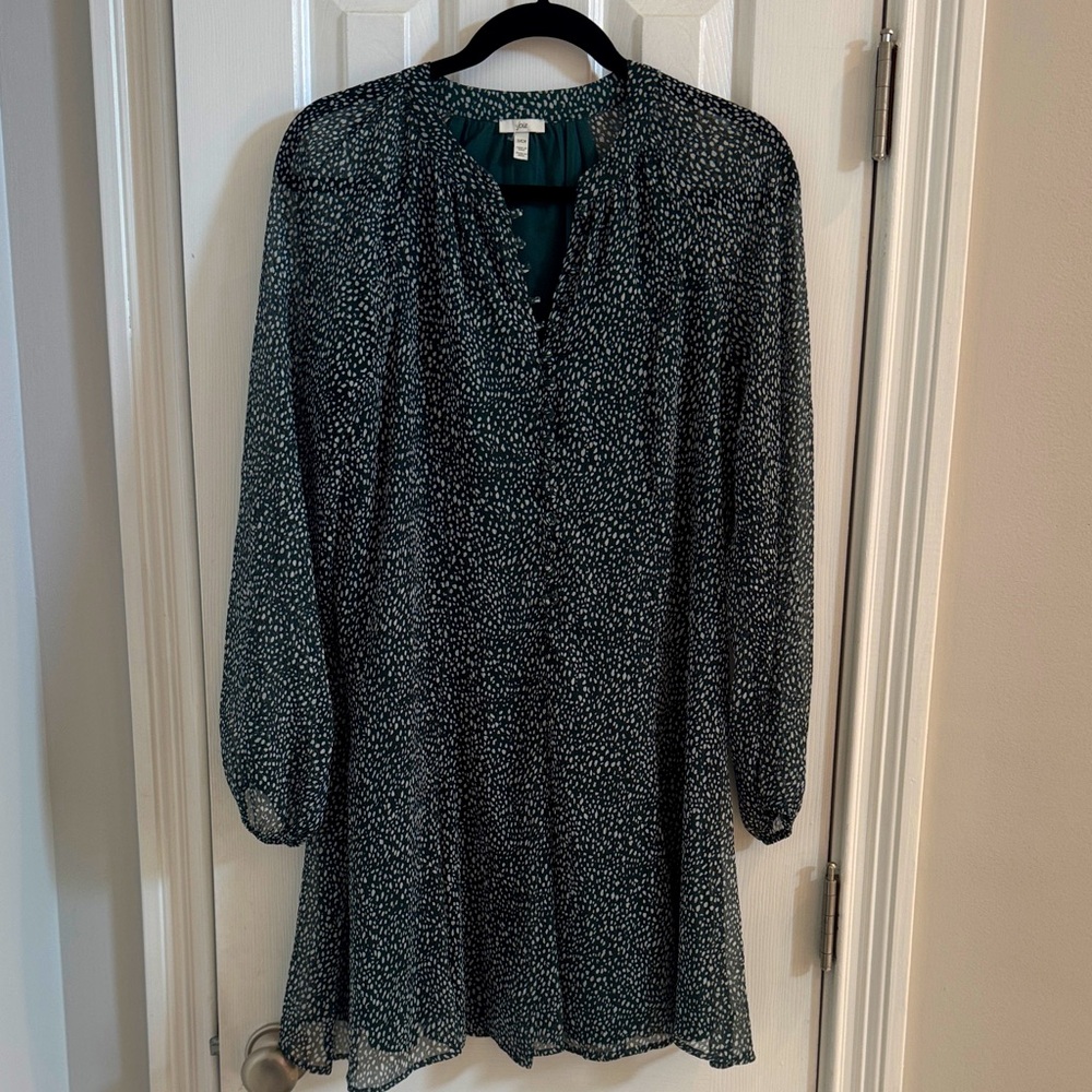NWOT Joie Dark Hunter Green White Long Sleeve Dress w/ Puffed Sleeves